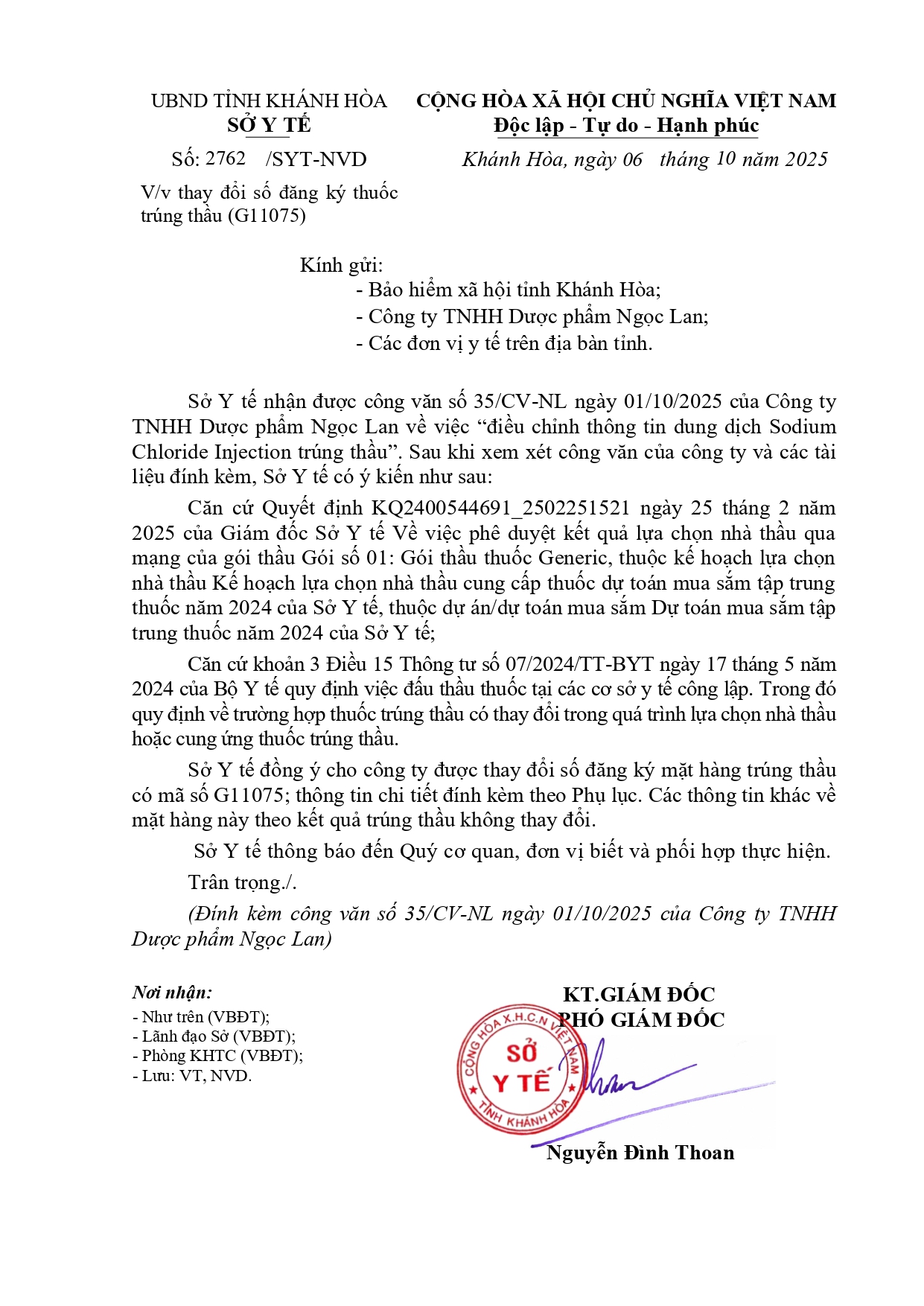 V/v thay đổi số đăng ký thuốc trúng thầu (G11075)